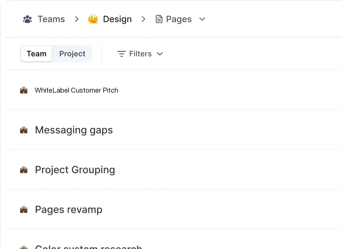 WhiteLabel UI showing team only pages