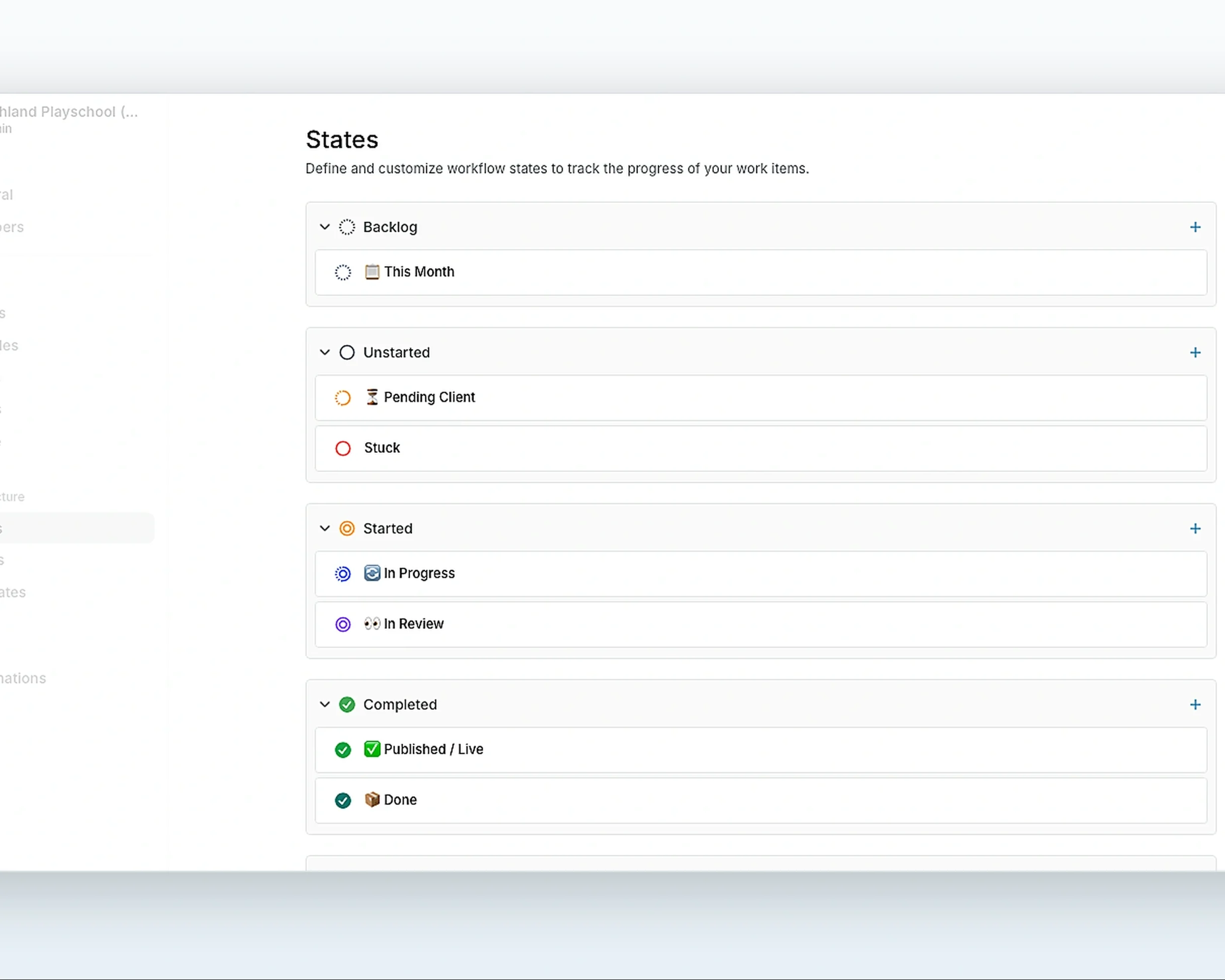 WhiteLabel work items organized by custom workflow state