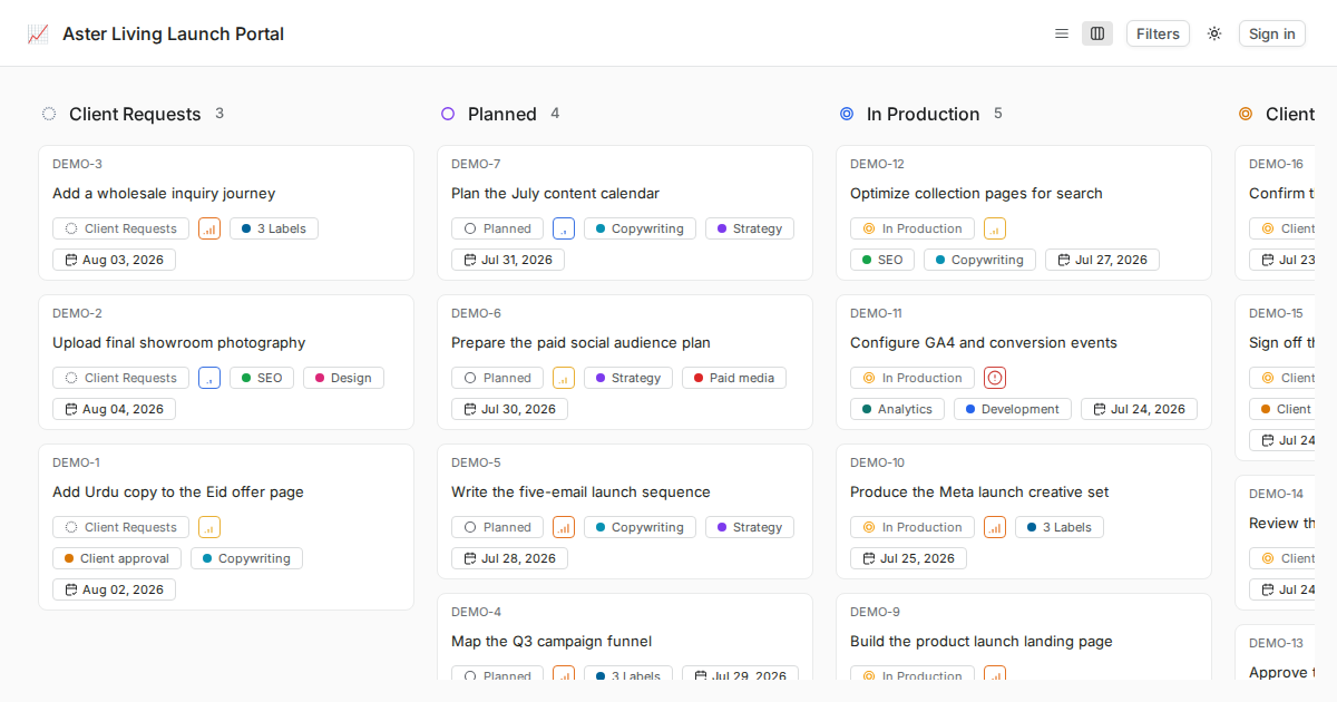 WhiteLabel client-delivery Kanban board