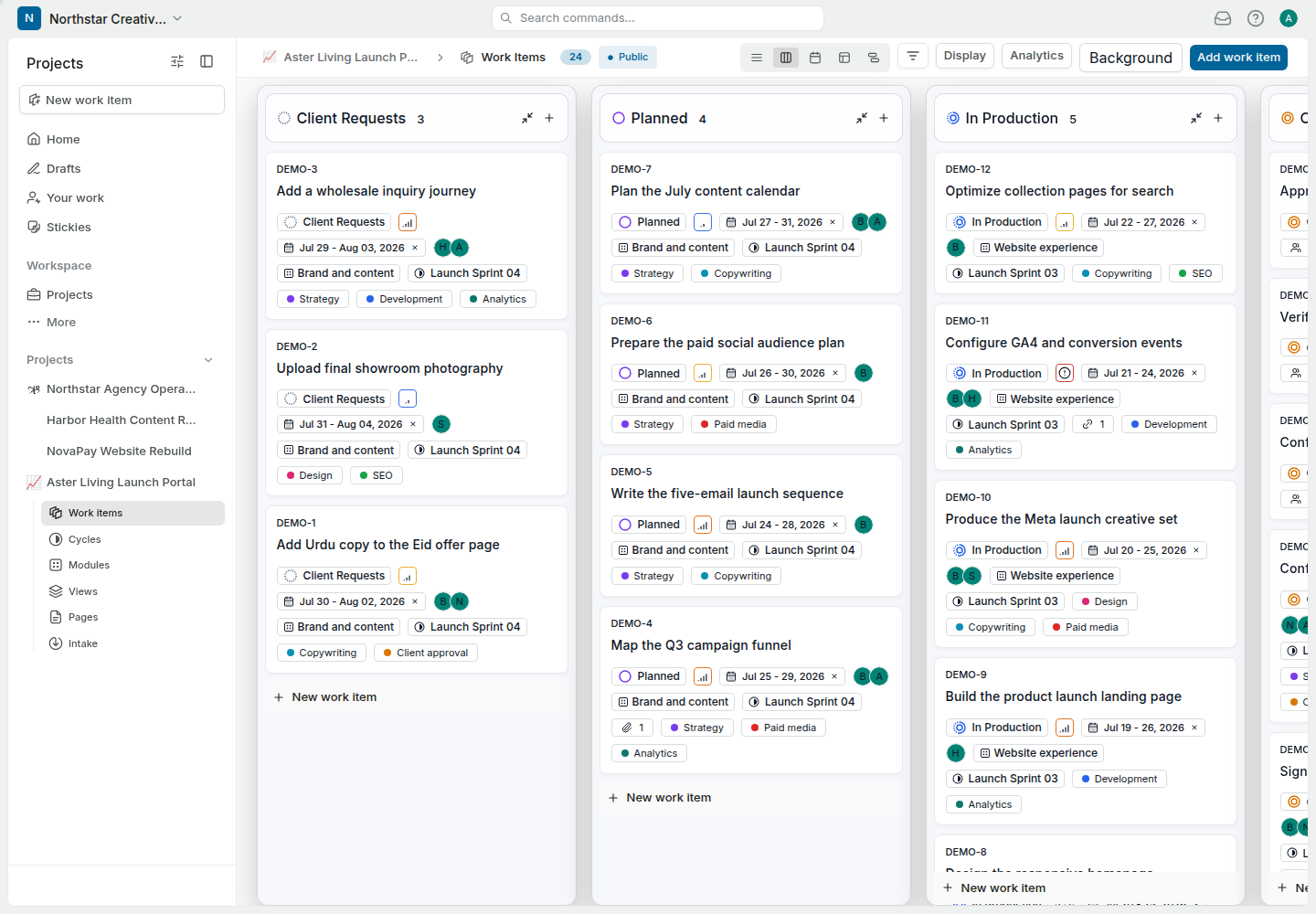 WhiteLabel agency workspace with sidebar, multiple client projects, and a detailed delivery board